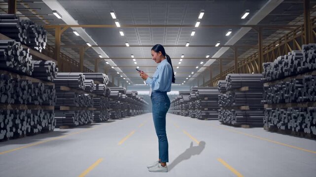 Full Body Side View Of Asian Female With Her Phone at Warehouse Storage of Rolled Steel Metal Bars, Rods or Billets, Working Continuously With Her Phone