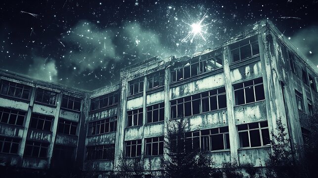 Abandoned Snow-Covered Multi-Story School Building Under a Star-Filled Night Sky
