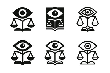 Journalism Ethics Logos. Journalism ethics and bias. Icon set. Set Logo of journalism ethics and bias: eye symbol merged with book and justice scale.