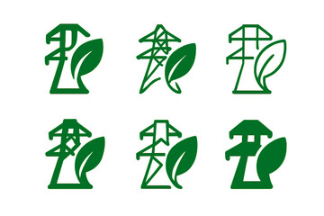 Renewable Energy Logos. renewable energy credits. Icon set. Set Logo of renewable energy credits: transmission line with leaf. harmonious logo variations of