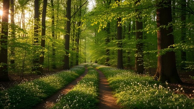 Camino a trav&eacute;s del bosque con ajos silvestres en flor (Allium ursinum).
 Stochemhoeve, Leiden, Pa&iacute;ses Bajos.
 Pintoresca escena panor&aacute;mica de primavera.
 Destinos de viaje, ecoturismo, ecolog&iacute;a, natu