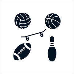 Collection of black and white sports equipment icons on a white background group