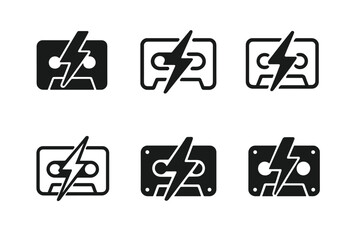 Themed Party Icons. Themed parties and events. Icon set. Set Logo of Themed parties and events: retro cassette with lightning bolt. harmonious logo variations