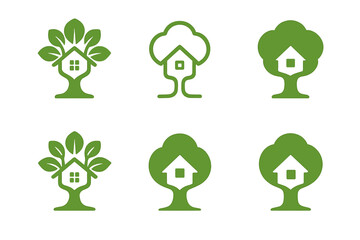 Ecological Architecture Icons. Ecological architecture blending with nature. Icon set. Set Logo of ecological architecture blending with nature: treehouse.