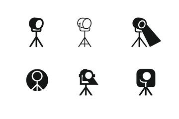 Fototapeta premium Theater Rehearsal Icons. Theater rehearsal scene. Icon set. Set Logo of Theater rehearsal scene: spotlight on stand. harmonious logo variations of the same