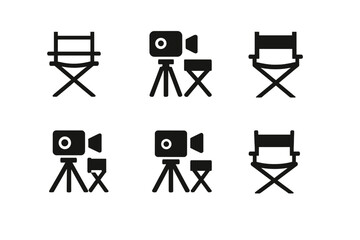 Obraz premium Director's Chair Icons. Behind-the-Scenes Content Tips. Icon set. Set Logo of storytelling process: director chair and camera tripod. harmonious logo