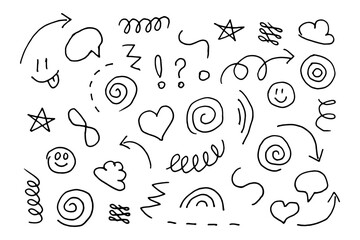 Fototapeta premium Hand-drawn doodle elements with arrows, hearts, spirals, symbols, and sketch icons for creative design, notes, and playful graphics, vector illustration