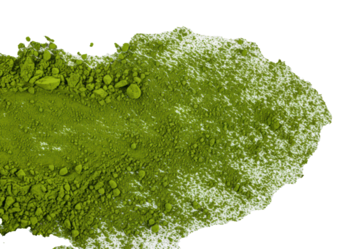 Hyper-detailed macro flat lay of vibrant emerald green, ultra-fine matcha powder dramatically dispersing in a sweeping gradient trail on a transparent background, textural purity concept