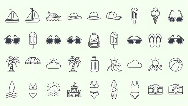 Verano, vacaciones, elementos de playa: conjunto m&iacute;nimo de iconos web de l&iacute;nea delgada.
 Colecci&oacute;n de iconos de contorno.
 Ilustraci&oacute;n vectorial sencilla.