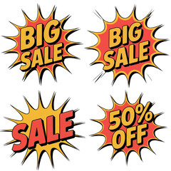Four vibrant comic book style explosion burst graphics featuring big sale big sale sale and 50 off isolated on transparent background