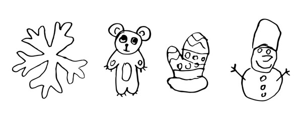 Childlike winter doodles with snowflake, bear, mitten, and snowman for kids’ holiday themes and playful seasonal design, vector illustration