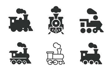 Classic Transport Icons. Historical transportation methods (ships, planes, automobiles). Icon set. Set Logo of historical transport: classic steam locomotive.