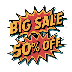 Explosive comic book style big sale 50 percent off discount offer with bold yellow text on red burst isolated on transparent background