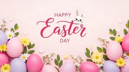 Charming Easter Day Celebration with Pastel Eggs Flowers and Bunny Illustration Perfect for Spring Holiday Greetings and Invitations with a Delicate Pink Background