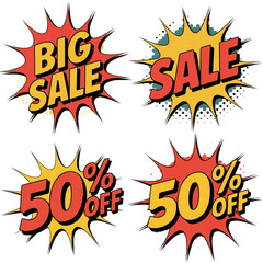Four vibrant comic book style explosion burst shapes with text big sale and 50 off isolated on transparent background