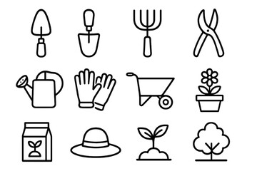 Gardening Tools Icons. Gardening Tools. Line icon set of Gardening Tools: trowel, shovel, rake, pruning shears, watering can, gloves, wheelbarrow, flower pot,