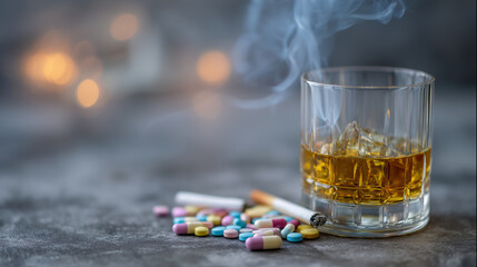 Minimalist yet intense composition of colorful pills beside a lit cigarette and a whiskey glass, soft gray backdrop adding somber, atmospheric depth