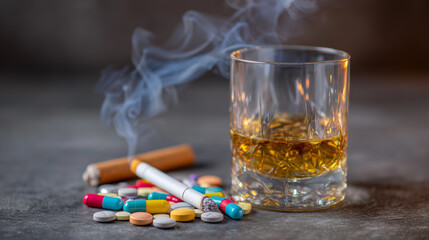 Minimalist yet intense composition of colorful pills beside a lit cigarette and a whiskey glass, soft gray backdrop adding somber, atmospheric depth
