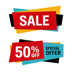 Two vibrant red and blue sale banners with white text announcing sale and 50 off special offer isolated on transparent background