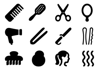 Obraz premium Classic Hairstyle Icons. Classic hairstyle. Solid icon set of Classic hairstyle: comb, hairbrush, scissors, mirror, hair dryer, straightener, curling iron,