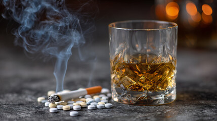 Dark conceptual image showing pills arranged near a smoldering cigarette and a half-filled liquor glass, stark gray background emphasizing emotional weight