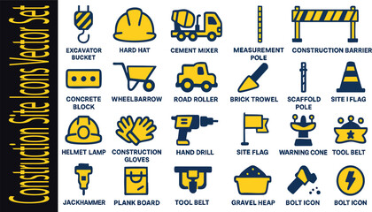Construction Site Icons: A comprehensive set of illustrative icons related to construction sites, showcasing essential tools and equipment used in the industry. 