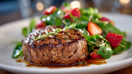 High-detail culinary presentation of juicy grilled steak paired with leafy green salad and sliced strawberries, plated on a bright white dish with elegant restaurant-style composit