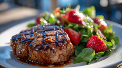 Close-up of a fresh gourmet meal featuring perfectly grilled steak with charred lines, crisp green salad, and vibrant red strawberries arranged artfully on a pristine white plate,