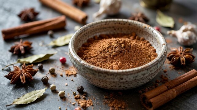 Close up of spices including cinnamon in a bowl and star anise on a textured dark surface
