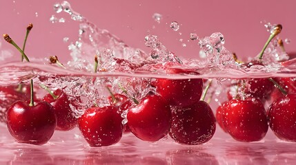 Fresh ripe fruit splash into water creating dynamic droplets against a pink backdrop