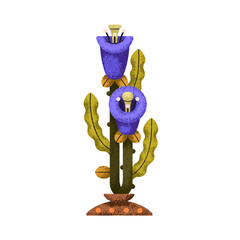 Naklejka premium Flower blossoms and leaves on branch. Stylized abstract floral plant, stem, creative exotic whimsical design element, summer nature decoration. Flat vector illustration isolated on white background.