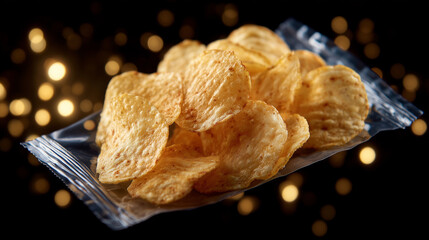 Potato chips floating above an open snack bag, captured at the exact moment of motion, dramatic overhead lighting accentuating their texture and golden crispness