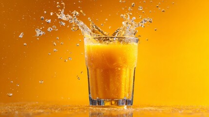 Splashing Fresh Orange Juice in Glass with Bright Yellow Background and Dynamic Water Droplets Creating a Vivid and Refreshing Beverage Scene