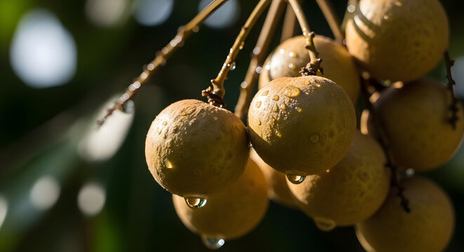 Fresh longan fruit with water droplets hanging from a branch.