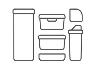 Set of outline icons depicting various food storage containers and a protein shaker