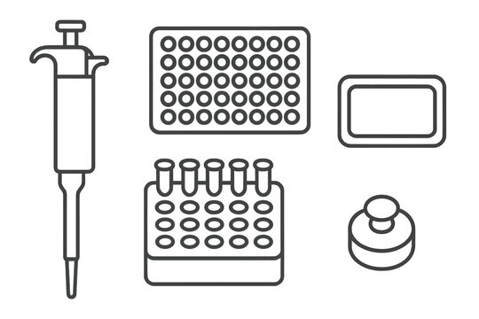 Essential scientific laboratory research equipment outline set including pipette and microplate