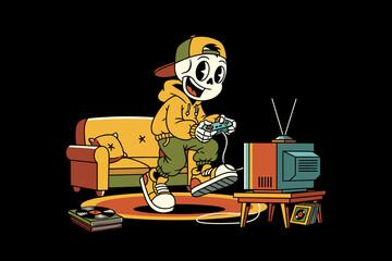 Skeleton character playing video games on a retro console.