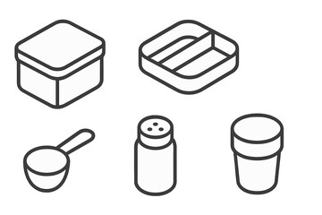 Isometric outline icons set featuring meal prep containers, measuring scoop, and spice shaker