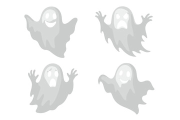 Four spooky white ghosts displaying various emotions like happy, angry, and scared