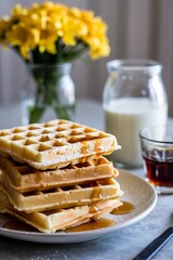 Stack of golden waffles with syrup and powdered sugar, served with milk.