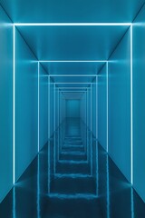 Endless blue neon light hallway with reflective floor and geometric shapes