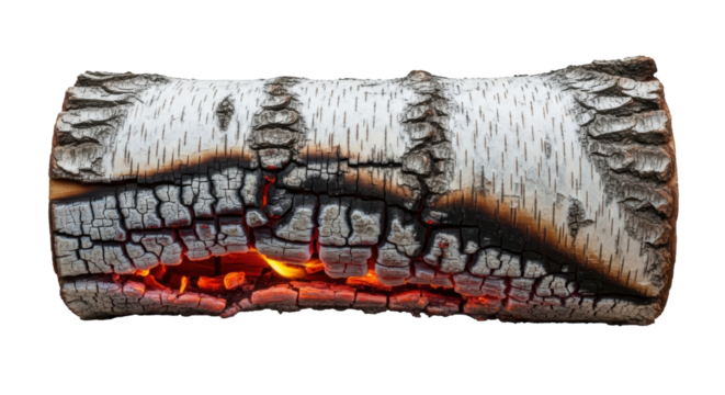Burning birch log isolated PNG, firewood with flames on transparent background for campfire and winter season