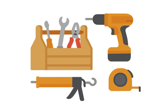 Essential construction and repair tools including a drill, tape measure, and wooden toolbox