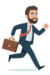 Man in suit running with briefcase, isolated on white background