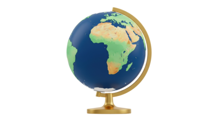 Detailed globe with stand PNG isolated on transparent background, geographical learning tool for education and travel planning