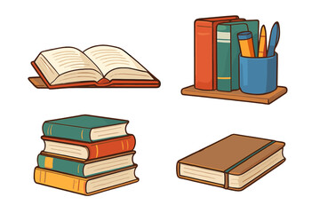 Colorful collection of open and stacked books with a pen holder and writing utensils for education