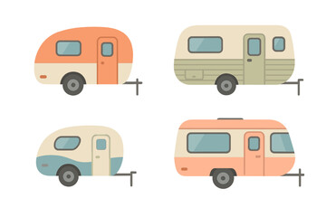 Four colorful vintage travel trailers and recreational vehicles set on white background