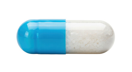 Blue and white capsule isolated PNG, medicine pill for healthcare and pharmaceutical industry on transparent background