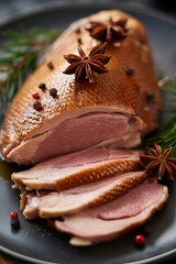 Whole roasted duck breast with star anise and peppercorns, sliced