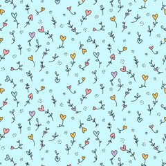 A seamless pattern featuring heart-shaped flowers and simple doodle-style leaves on a soft pastel blue background.